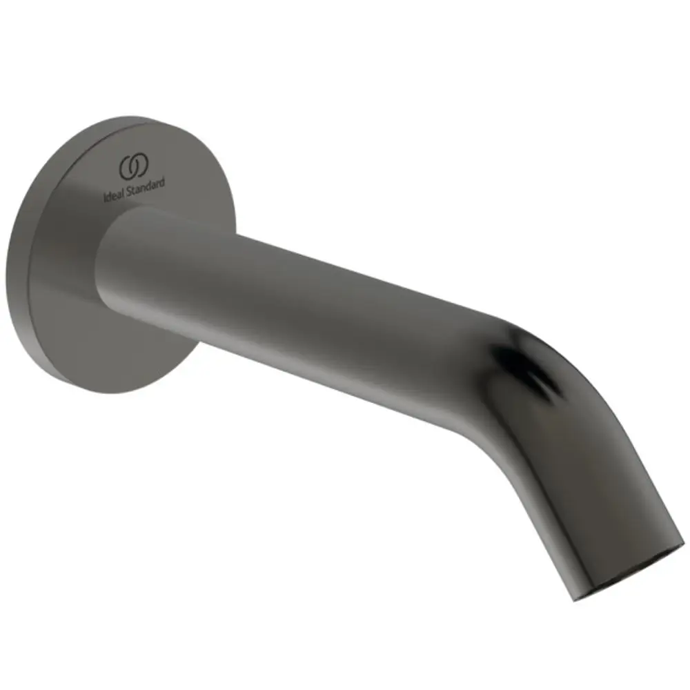 Wandmontierter Auslauf in mattem Grau von Ideal Standard, mit runder Rosette. Design mit geschwungener Form, robust und funktional.